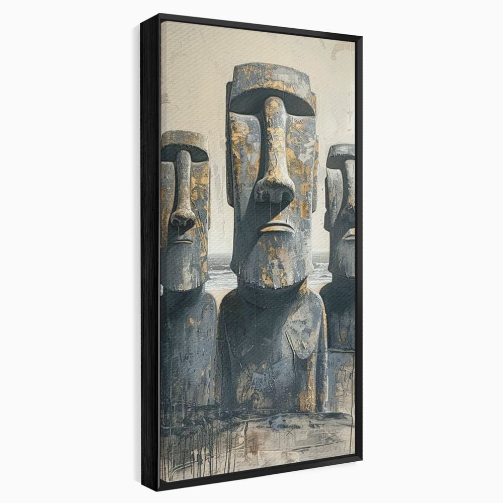 Tablou canvas cu statui moai din piatra, in rama de aluminiu negru